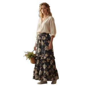 Marc New York Floral Flowy Tiered Maxi Skirt XL Black Boho Cottagecore Holiday